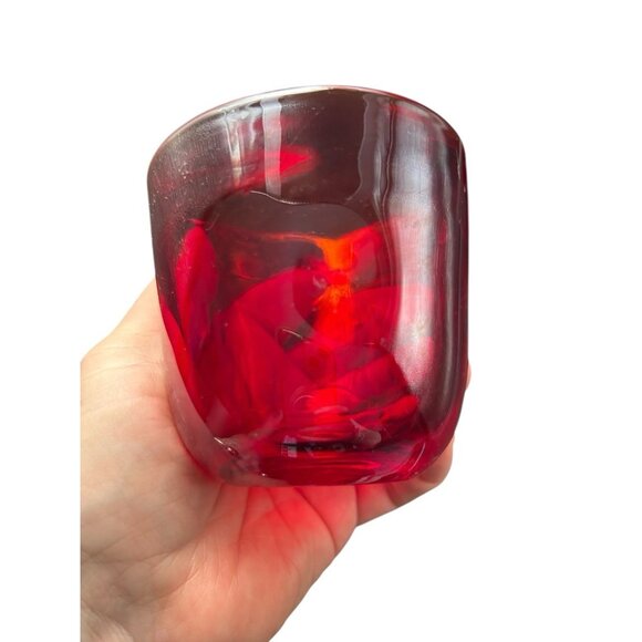 Pair Votive Candle Holder Red Dimple Glass Hand Blown Thick wall 3" Blenko? MCM - Picture 6 of 9